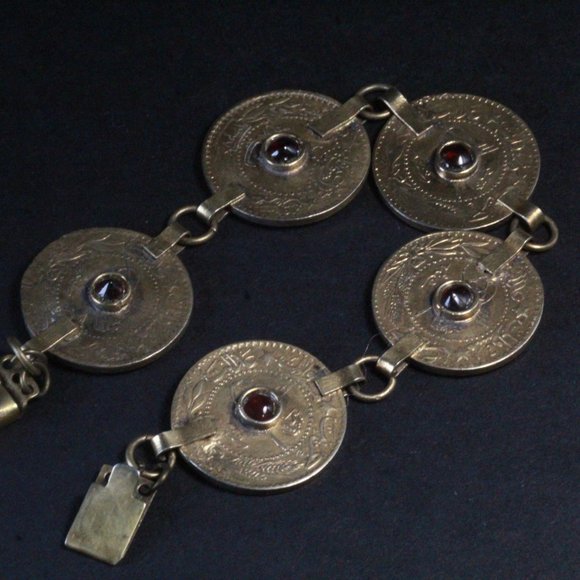 Antique Revival Sterling Silver Vermeil Coin Garnet Bracelet - Picture 4 of 8